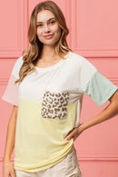BiBi Leopard Front Pocket Ft Color Block Crew Neck Top