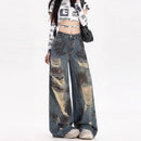 Womens American-style Distressed Wide-leg Jeans