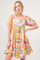 And The Why Square Neck Puff Sleeve Geo Printed Mini Dress