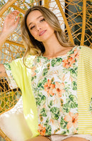 BiBi Floral W Stripe Color Block Dolman Sleeves Top