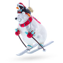 Skiing Polar Bear with Penguin Blown Glass Christmas Ornament