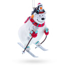 Skiing Polar Bear with Penguin Blown Glass Christmas Ornament