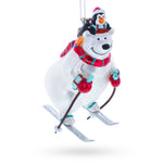 Skiing Polar Bear with Penguin Blown Glass Christmas Ornament