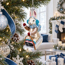 Bunny Sledding with Earmuffs Glass Christmas Ornament