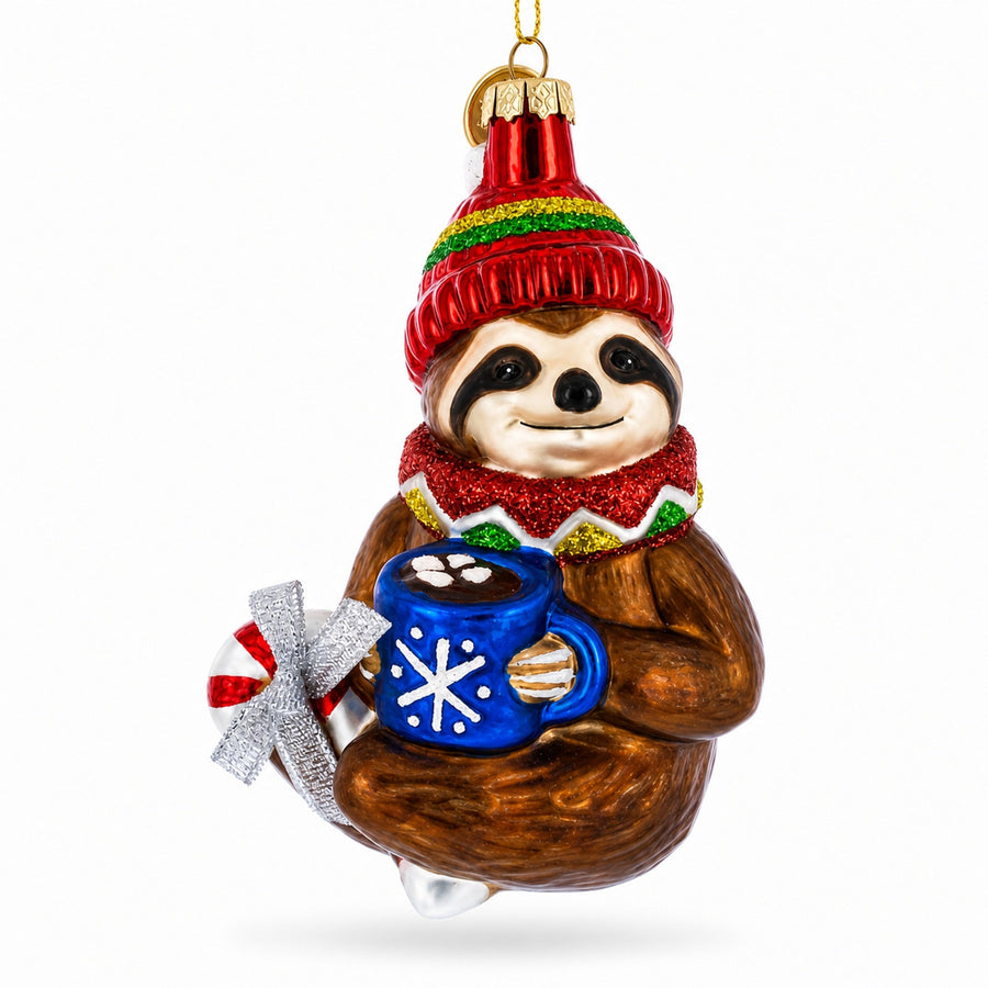 Cozy Sloth Drinking Hot Cocoa Glass Christmas Ornament