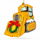 Yellow Construction Bulldozer Glass Christmas Ornament