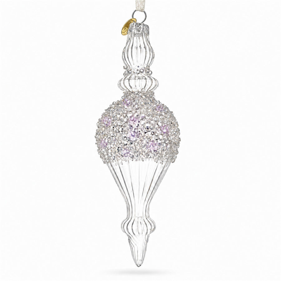 Clear Glass Ribbed Finial With Beaded Top Christmas Ornament