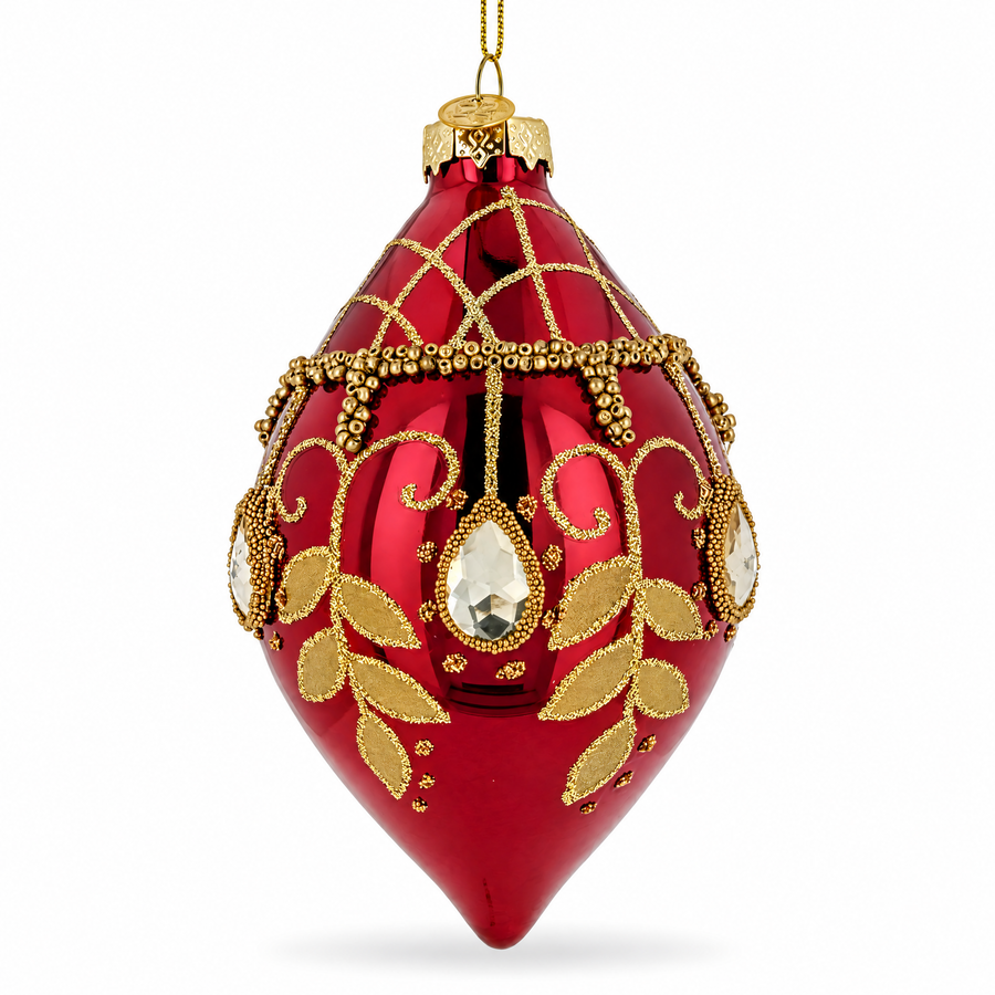 Burgundy Glass Drop Gold Leaf Crystal Christmas Ornament