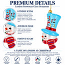 London UK Snowman Head With Blue Top Hat Glass Christmas Ornament