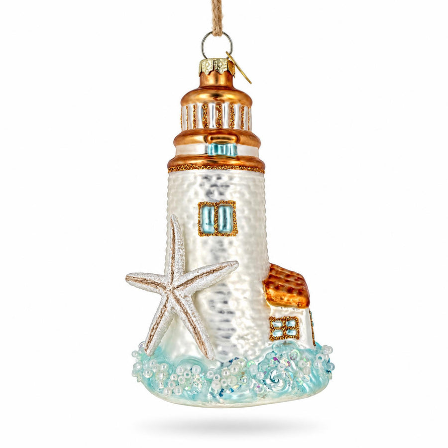 Nautical Lighthouse With Starfish Glass Christmas Ornament