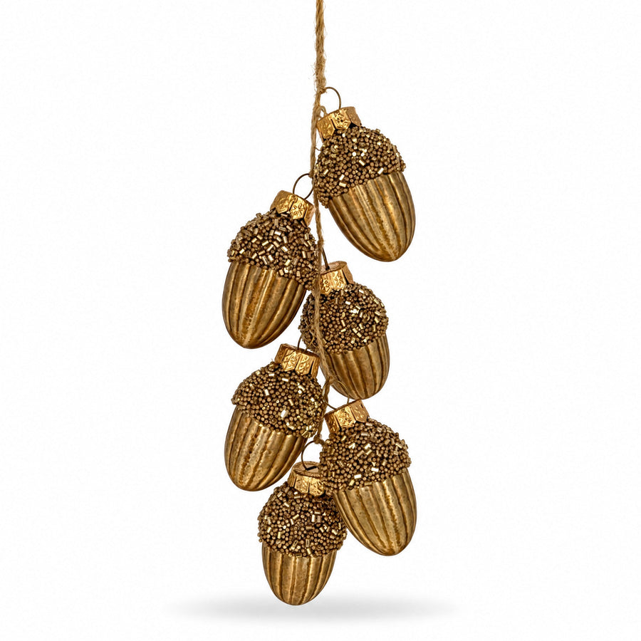 Gold Glitter Acorn Bunch Glass Christmas Ornament