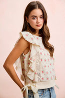 BiBi Flower Printed Ruffle Sleeve Trim Detail Top