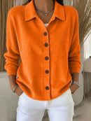 Womens Solid-Color Long-Sleeve Cardigan Polo Shirt