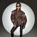 Turn-down Collar Loose Leather Jacket Womens Top