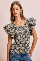 BiBi Floral Jacquard Ruffle Sleeves Knit Top