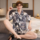 Mens Summer Cardigan Ice-silk Short-sleeve Top And Shorts