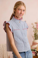SO ME Stripe Twill Stitch Ruffled Hidden Button Vest Top