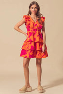 SO ME Floral V Neck Layered Dress with Elasticized Waist