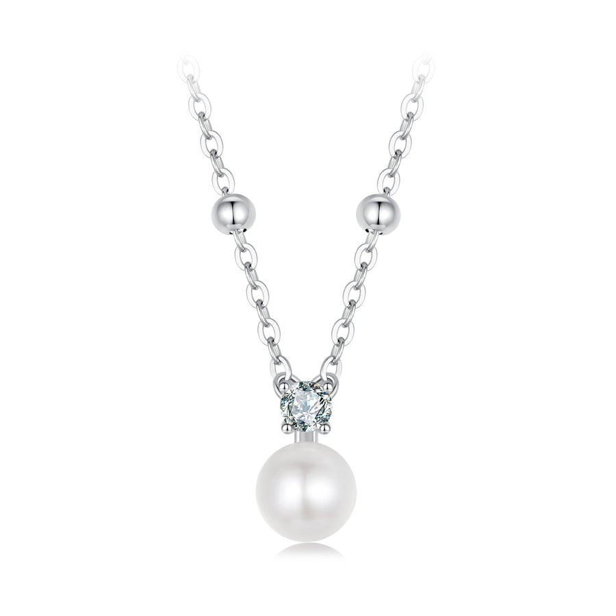 925 Sterling Silver Moissanite and Freshwater Pearl Necklace 40+5cm for Women
