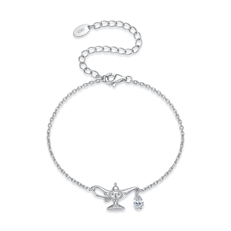 925 Sterling Silver White Gold Plated CZ Pavé 15+6cm Chain 1.0x1.7cm Pendant Bracelet for Women