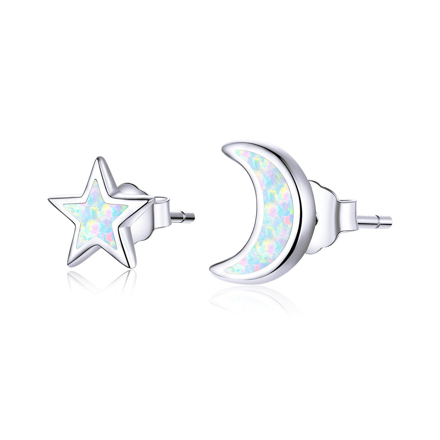 925 Sterling Silver Opal Earrings for Women - Star & Moon Design
