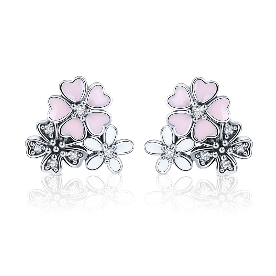925 Sterling Silver Earrings with Pavé Setting, Oxidized Silver, Enamel - 1.0 x 1.1 cm for Women