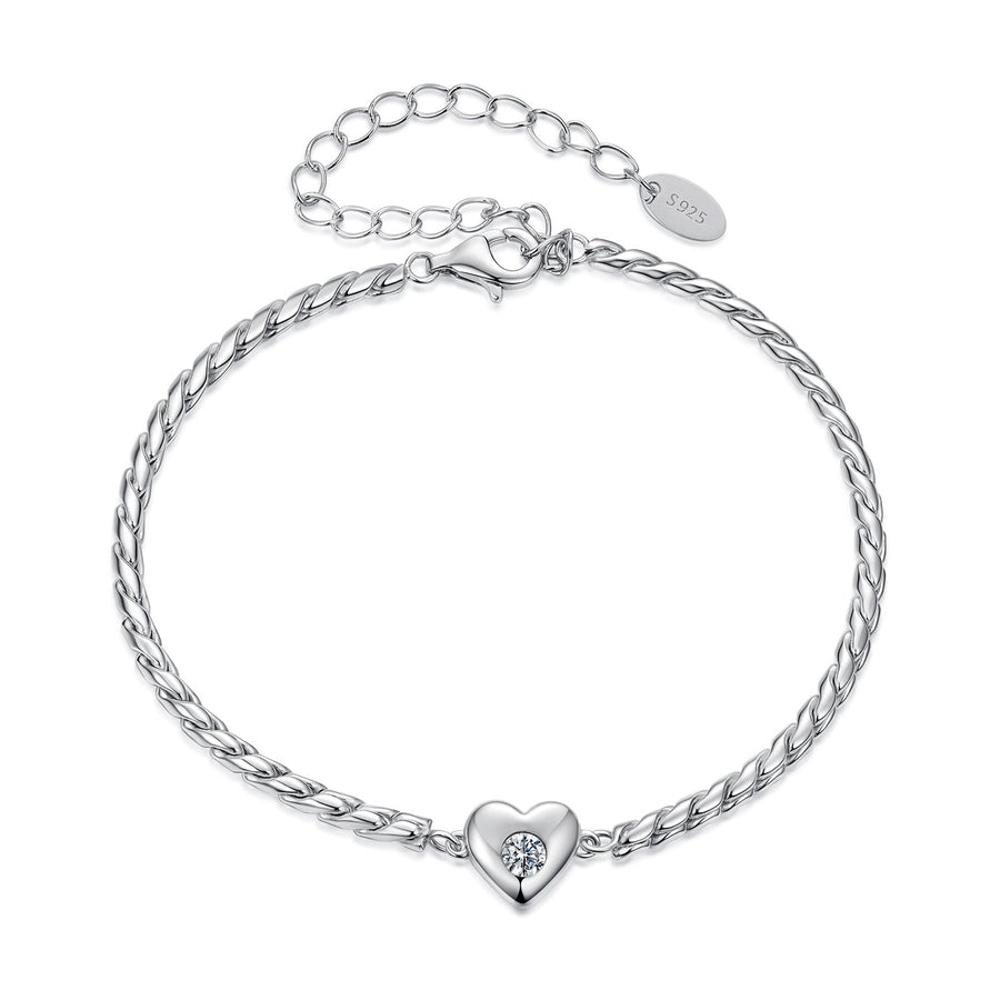 925 Sterling Silver Moissanite Heart Bracelet for Women - Silver - 15+6cm Length, 0.3cm Thickness