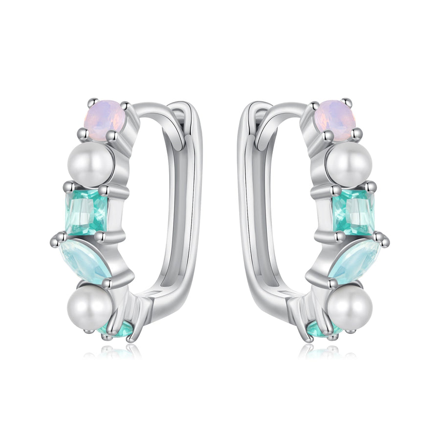 925 Sterling Silver Earrings with Nano Opal, Shell Pearl and Glass, 1.4cm for Women