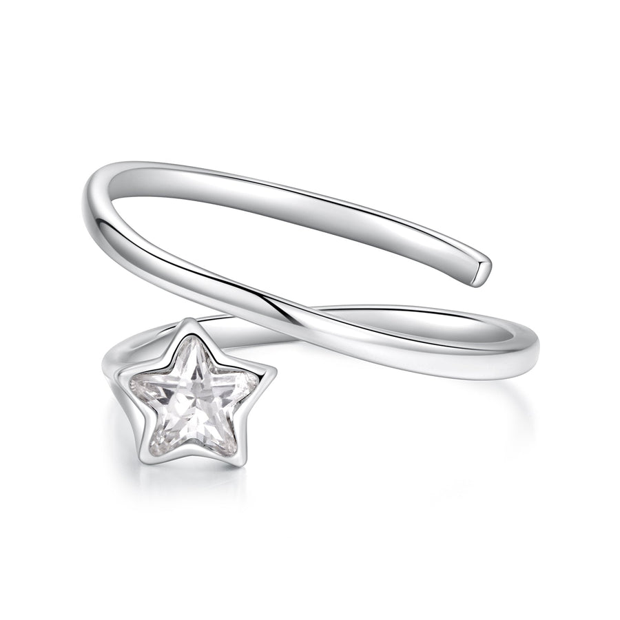 925 Sterling Silver White Gold Plated Pavé CZ Star Ring for Women