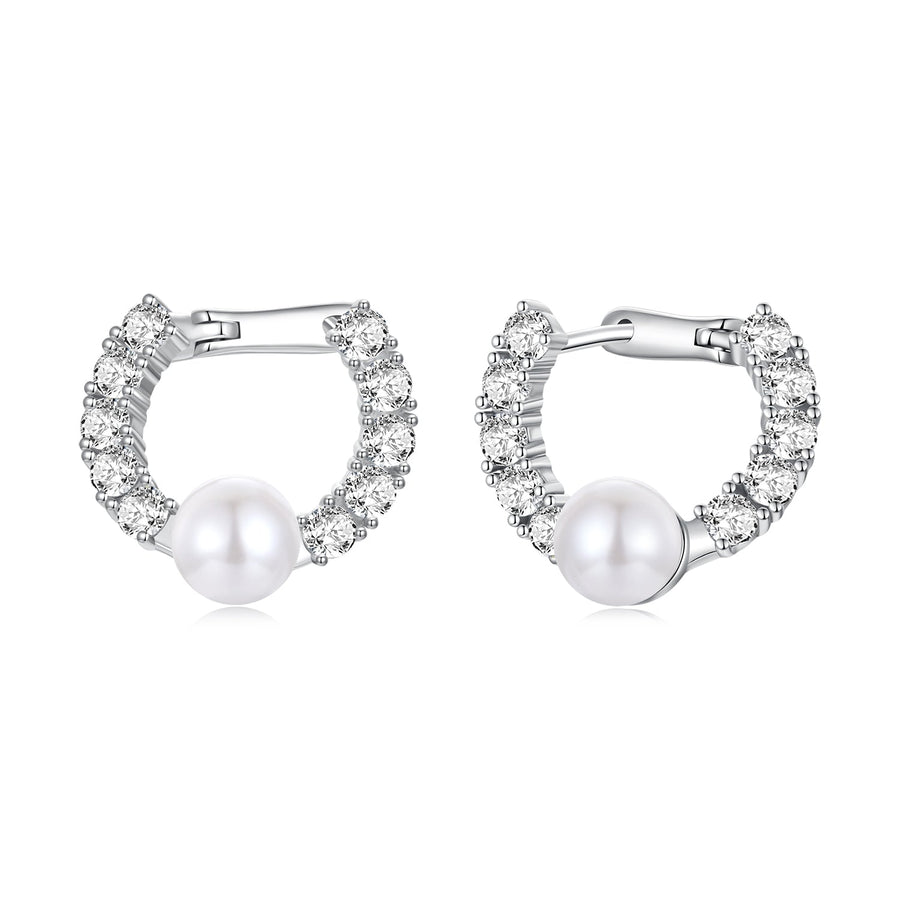 925 Sterling Silver White Gold Plated 1.6cm Hoop Earrings with Synthetic Pearl for Women