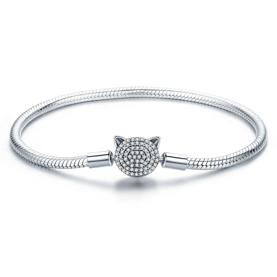 925 Sterling Silver Bracelet with Cat Head Charm, 17cm for Women