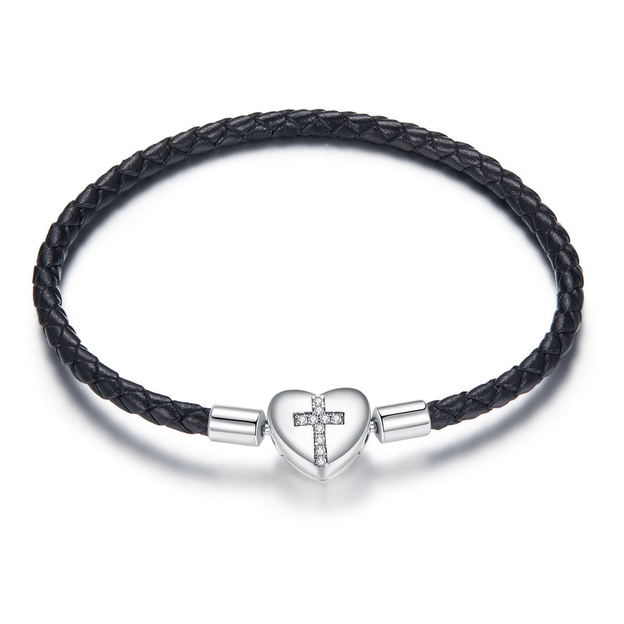 925 Sterling Silver Leather 17cm Bracelet with Oxidized CZ for Women