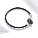 925 Sterling Silver Leather 17cm Bracelet with Oxidized CZ for Women