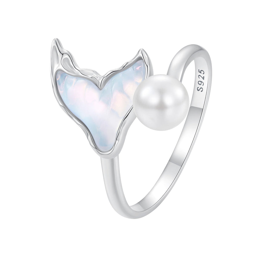 925 Sterling Silver Ring with Shell Pearl and Transparent Glass