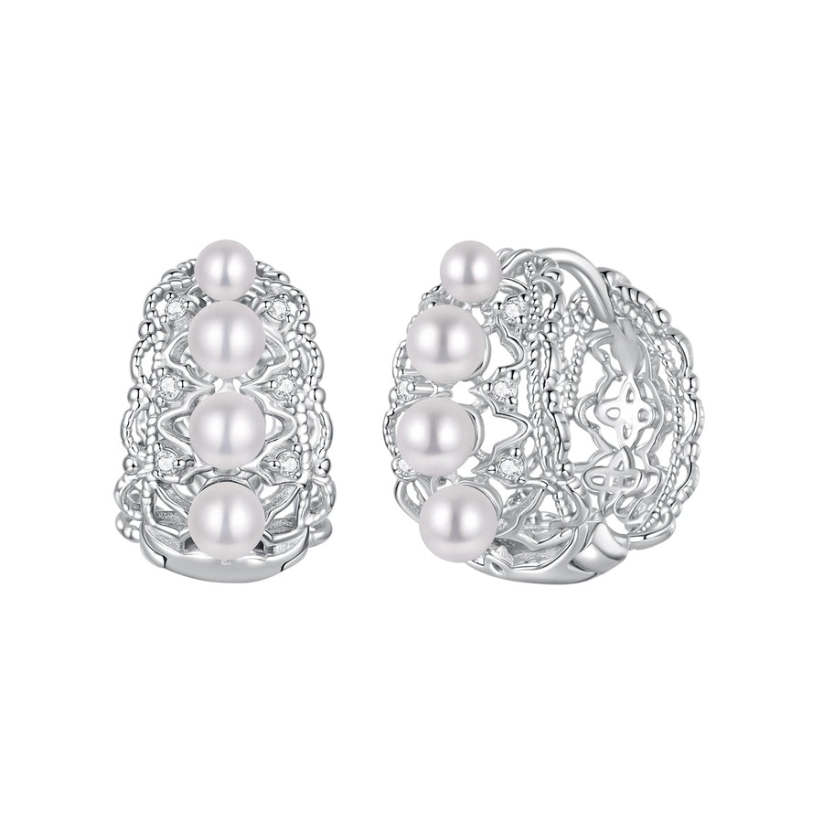 925 Sterling Silver Hoop Earrings with Synthetic Pearl and CZ, 1.1cm for Women