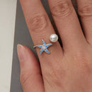 925 Sterling Silver White Gold Plated Quality Shell Pearl Starfish Ring for Women