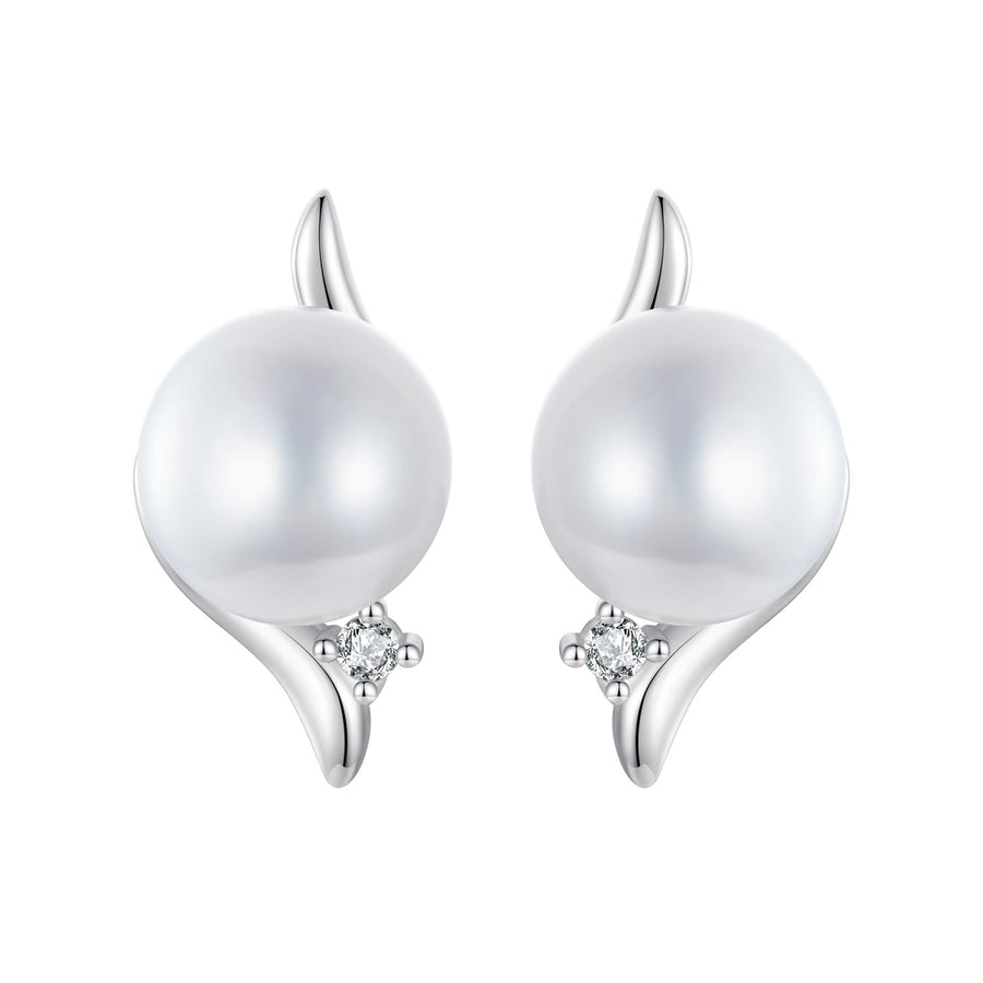 925 Sterling Silver Natural Pearl & CZ Earrings Plated in Platinum