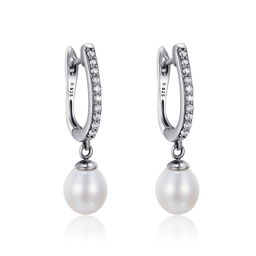 925 Sterling Silver Freshwater Pearl Earrings with Pavé Setting CZ for Women