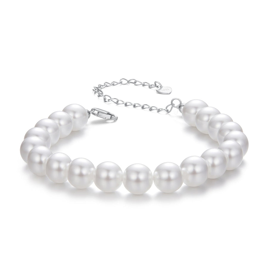 925 Sterling Silver Adjustable White Gold Plated Bracelet with Synthetic Pearl for Women