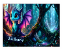 Personalized Dragon Wooden Puzzle with Name | Teal Baby Dragon, Purple Pink Wings, Glowing Enchanted Forest | 60 Pieces | Custom Gift for Boys
