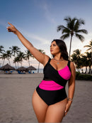 2026 New Plus Size Black & Hot Pink Color Block One-Piece Swimsuit Women's Deep V Crisscross Ruched Mesh Panel Thong Bathing Suit for Beach Vacation, Sexy & Slimming