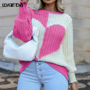 Knitted Love Contrast Women's Sweaters 2021 Autumn Flared Sleeves O-neck Patchwork Loose Pullovers Female Sweet Loose Casual Top