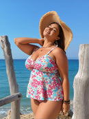 2026 New Plus Size Tankini Set: Pink Blue Floral Print, Bow Front, Flared Hem, High Waist Bottom, Cute Beach Style
