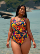 2026 New Plus Size One-Piece Swimsuit: Tropical Floral Print, Round Neck, Side Tie Ruched, Vibrant Beach Style