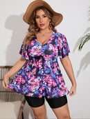 Plus Size Purple Floral Print V-Neck Short Sleeve Tankini with Shorts, Stylish Swimwear for Beach Days