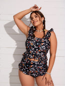 2026 New Plus Size Tankini Set: Ditsy Floral Print, Ruffle Straps, High Waist, Cute Beach Style