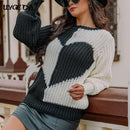 Knitted Love Contrast Women's Sweaters 2021 Autumn Flared Sleeves O-neck Patchwork Loose Pullovers Female Sweet Loose Casual Top