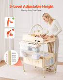 Baby Changing Table, Foldable Diaper Change Station with 2 Fabric Drawers, Side Basket & Hanging Rod, Adjustable Height Portable Changing Table with Lockable Wheels & 2 Star Toys, Light Beige