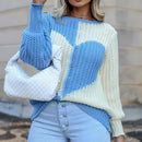 Knitted Love Contrast Women's Sweaters 2021 Autumn Flared Sleeves O-neck Patchwork Loose Pullovers Female Sweet Loose Casual Top