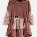 Plus Size Cartoon Puppy Print Colorblock Zip Up Hoodie Fuzzy Coat; Women's Plus Slight Stretch Casual Coat